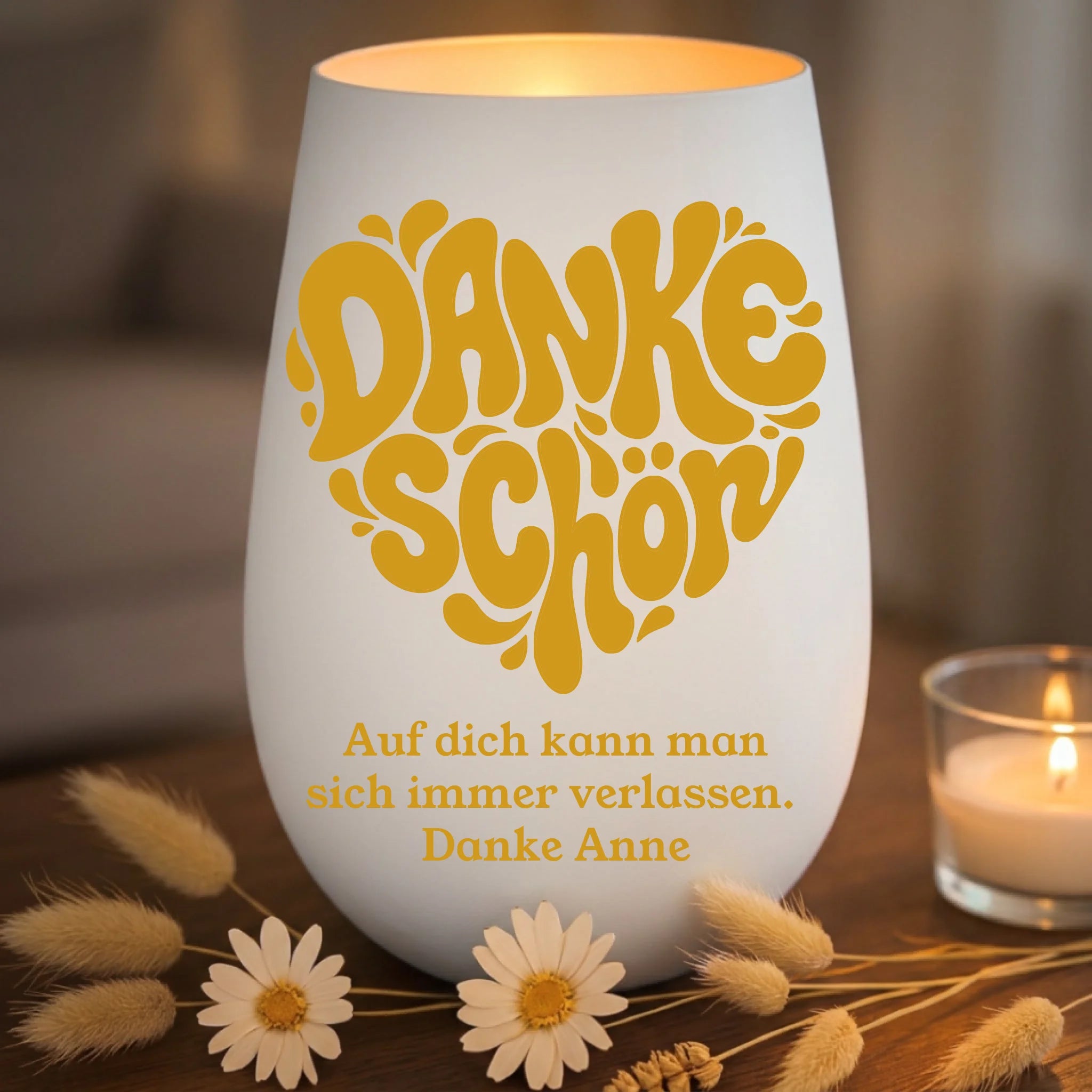 Windlicht Danke als kleines Geschenk personalisiert Weiss