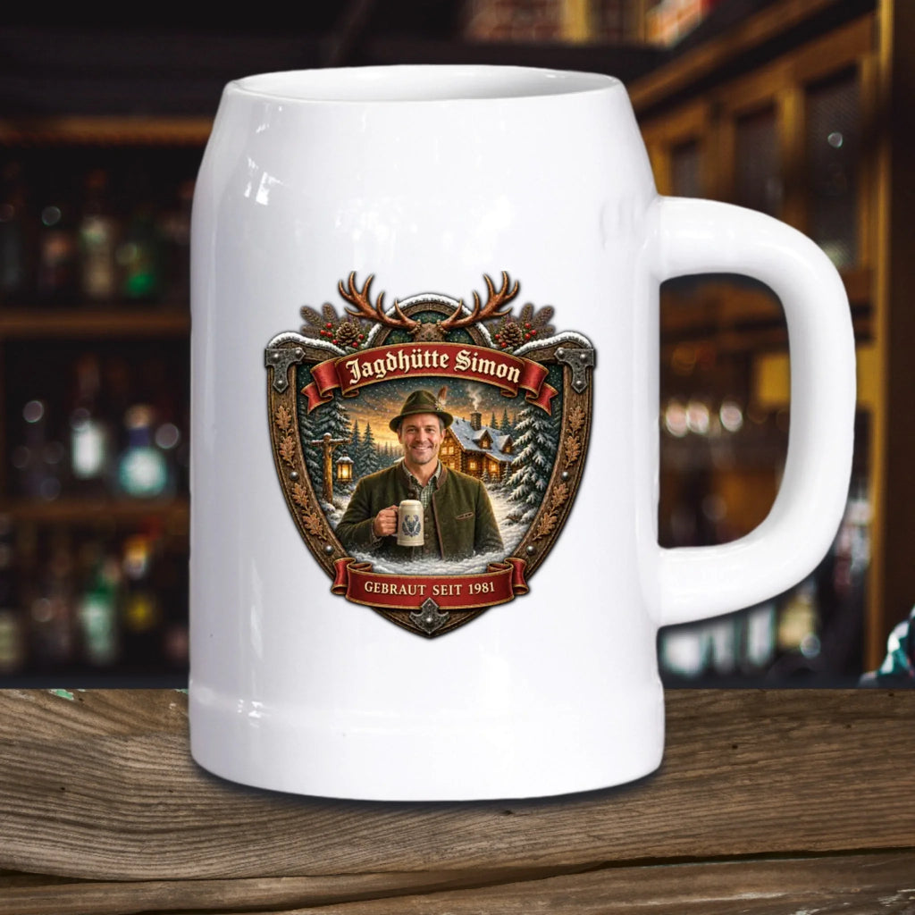 Weihnachtlicher Bierkrug im Jagd Design personalisiert - Geschenk für Jäger zu Weihnachten