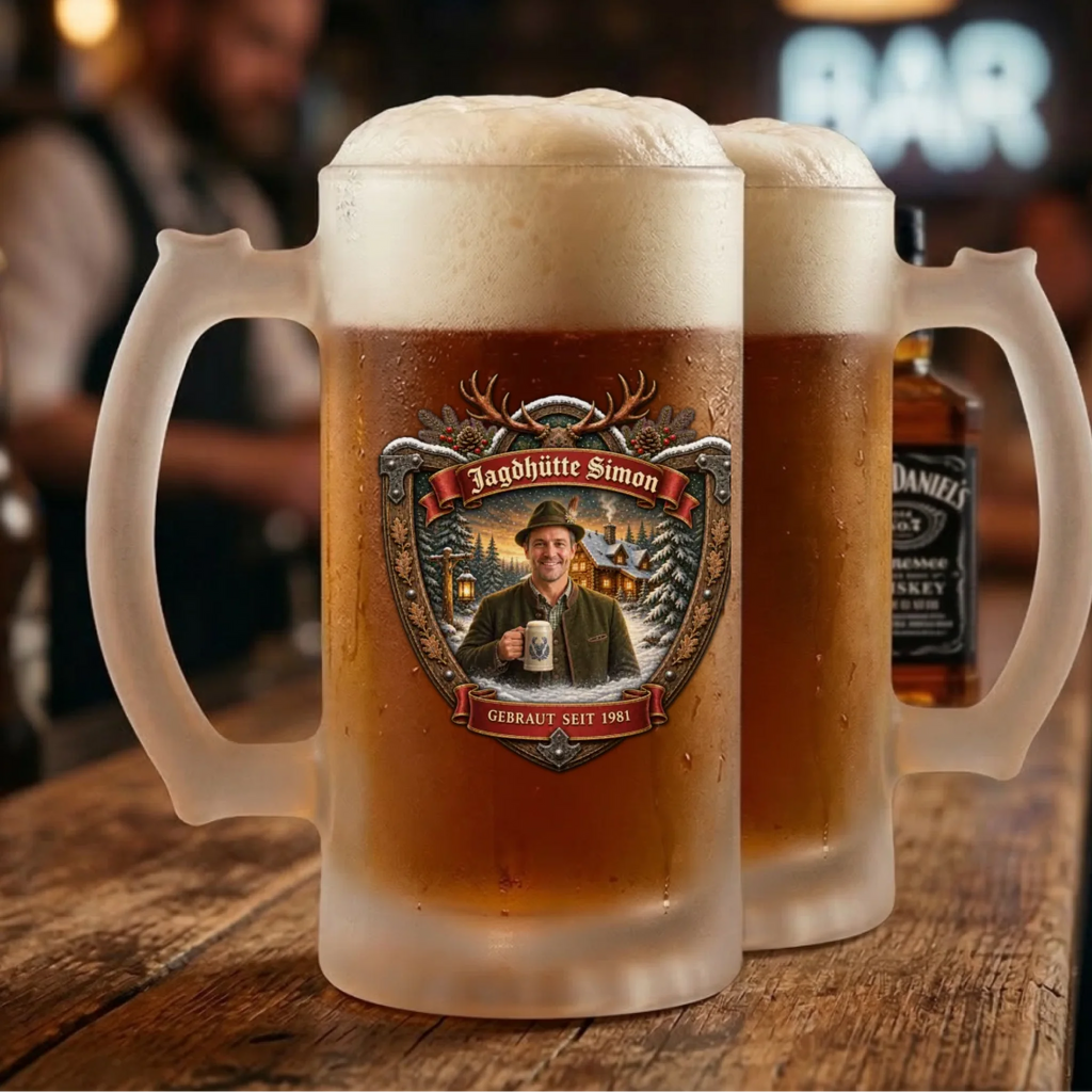 Weihnachtlicher Bierkrug im Jagd Design personalisiert – Detailansicht