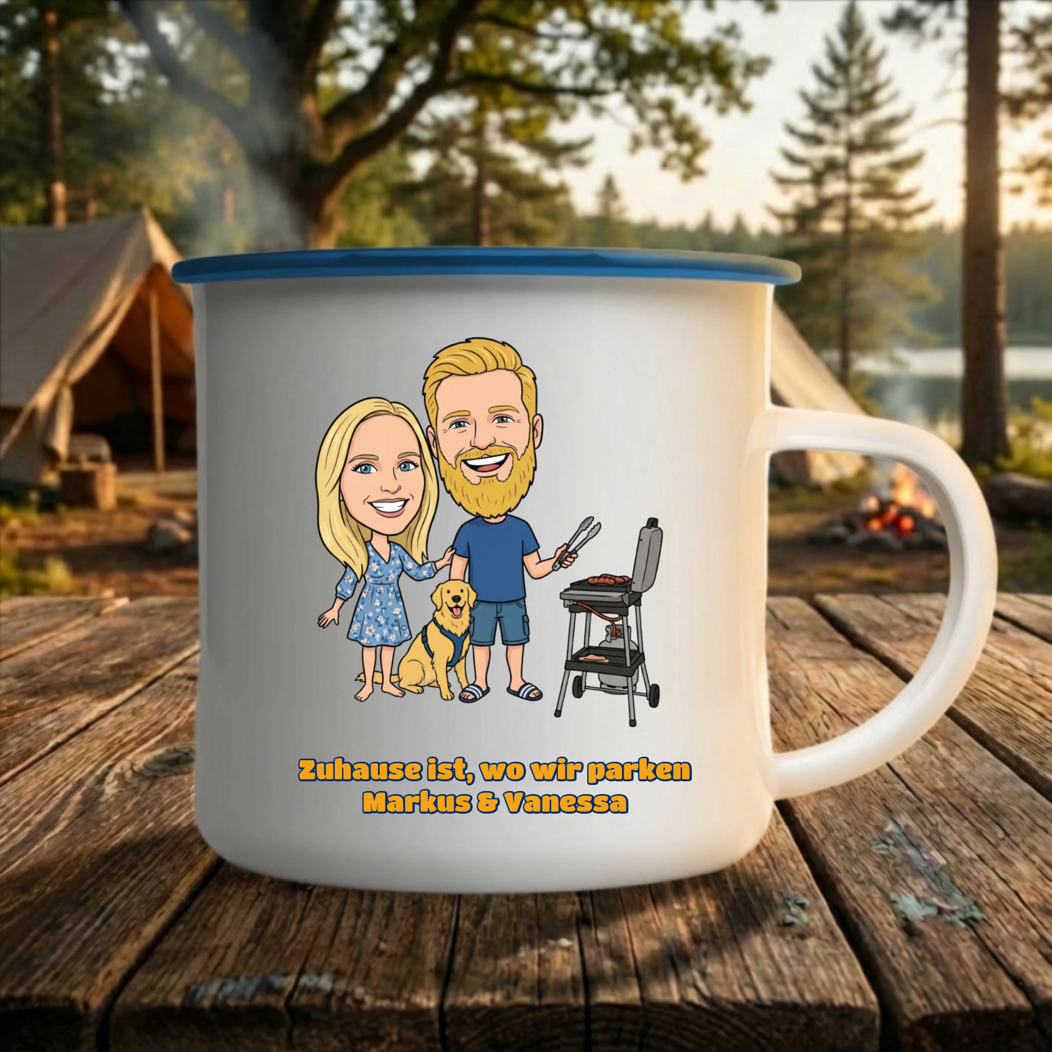 Camping Tasse Emaille personalisiert mit Foto im Comic Stil
