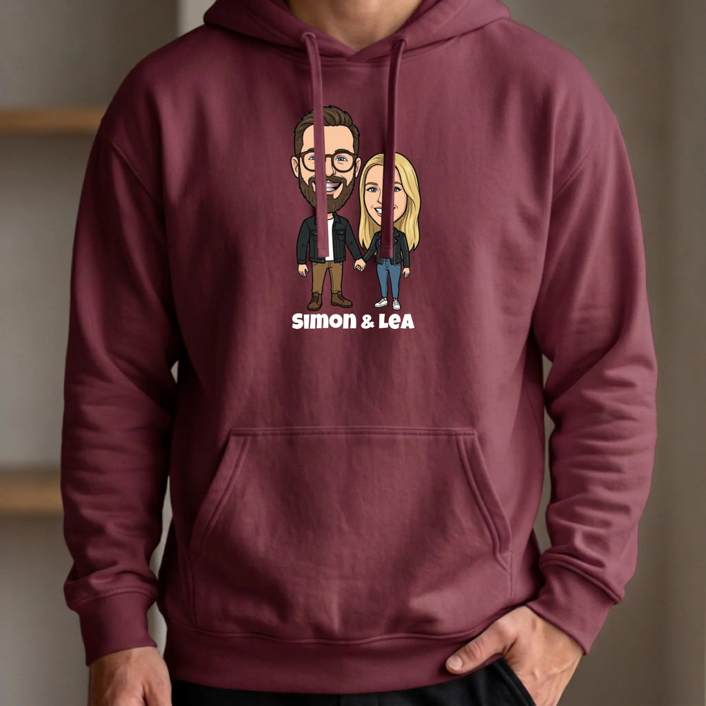 Comic Pullover im Big Head Stil mit deinem Foto – Hoodie burgund vorn