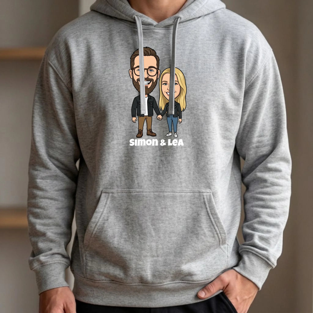 Comic Pullover im Big Head Stil mit deinem Foto – Hoodie grau vorne