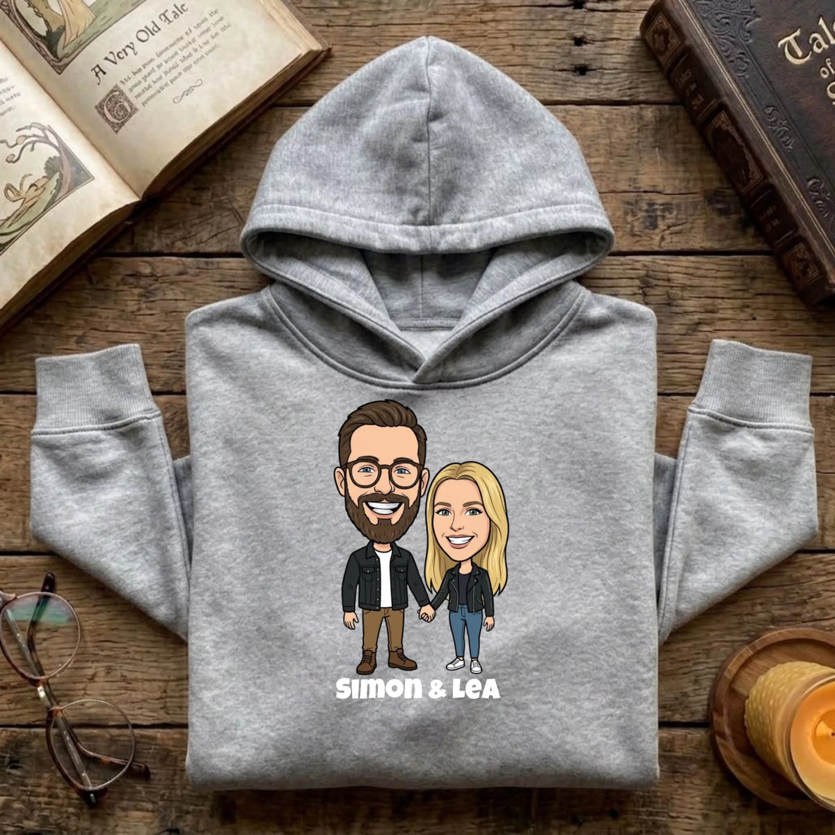 Comic Pullover im Big Head Stil mit deinem Foto – Hoodie grau