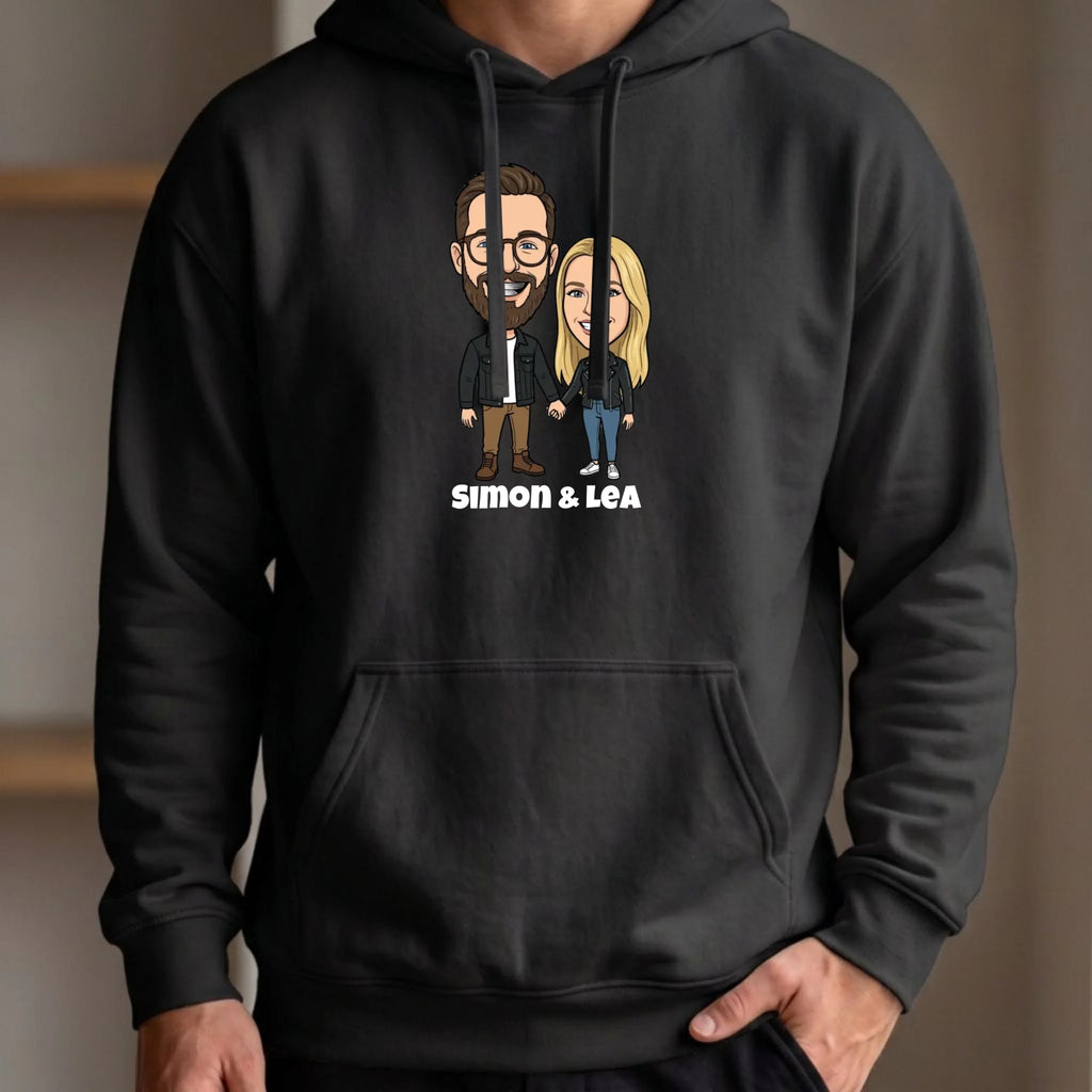 Comic Pullover im Big Head Stil mit deinem Foto – Hoodie schwarz vorn
