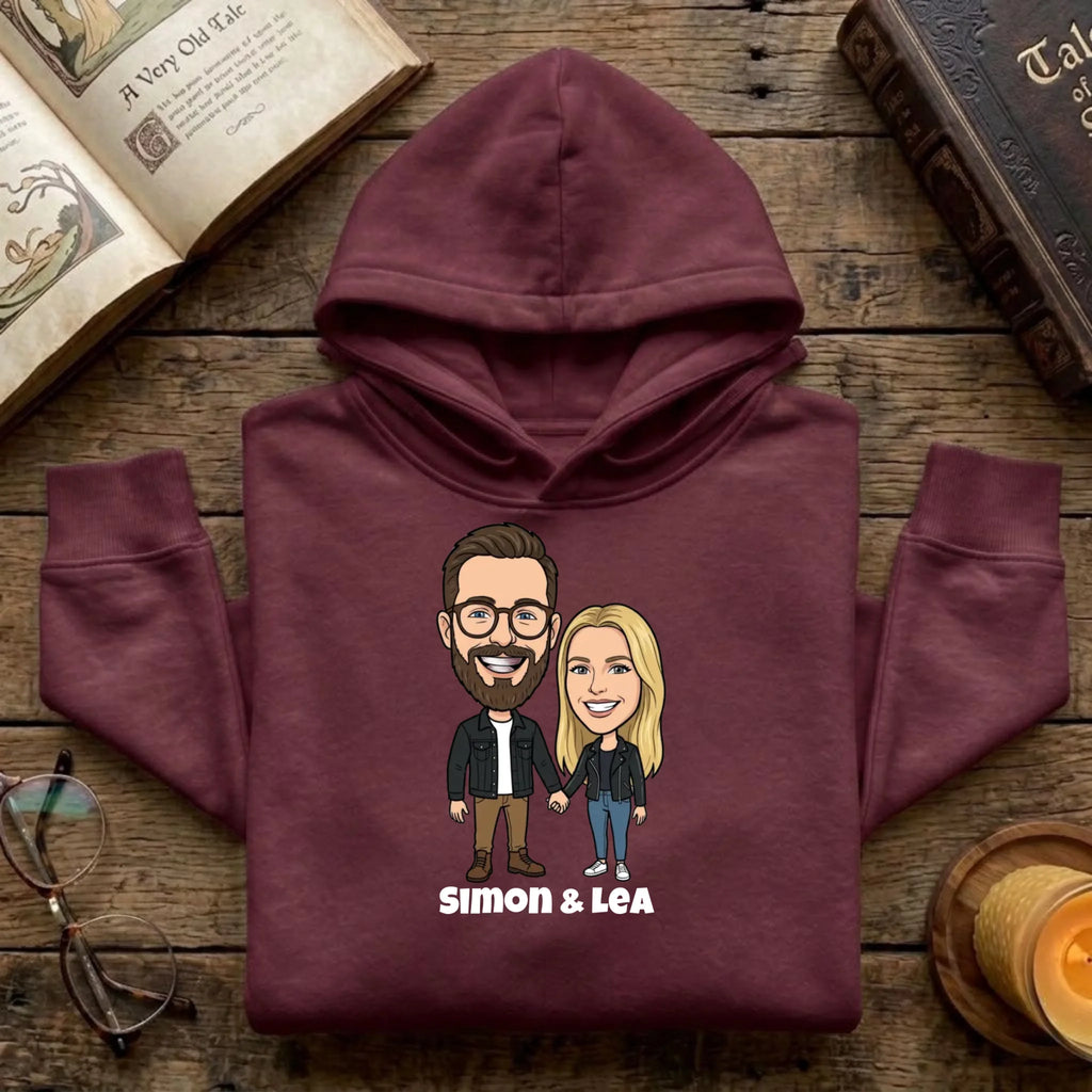 Comic Pullover im Big Head Stil mit deinem Foto – Pullover burgund