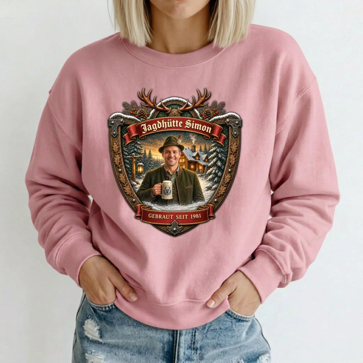 Jagd Design Pullover mit deinem Foto personalisiert – Sweater rosa