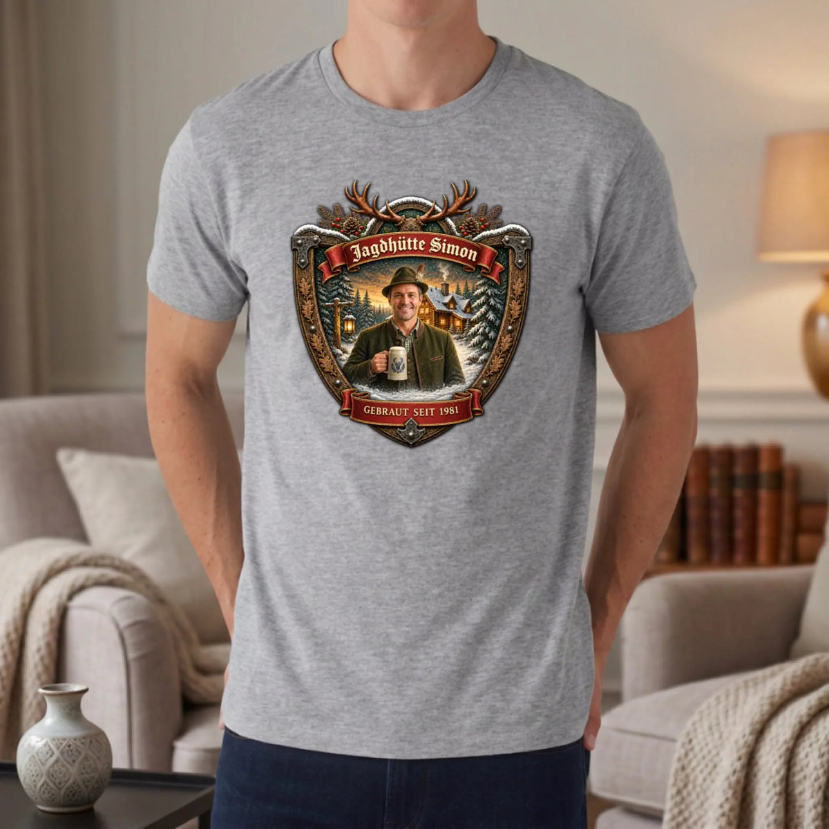Jagd Design T-Shirt mit deinem Foto – T-Shirt unisex heather grey