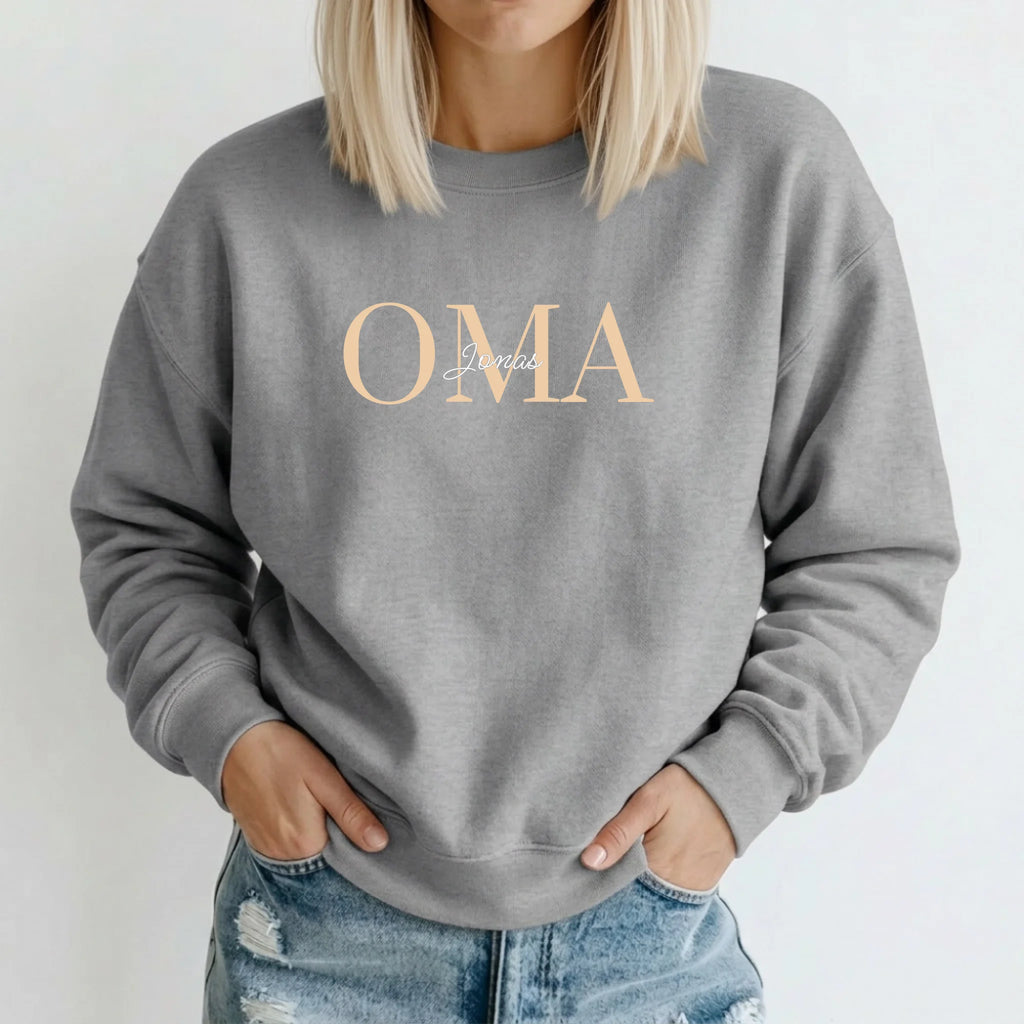 Oma Pullover personalisiert mit Namen der Enkel – Sweater grau