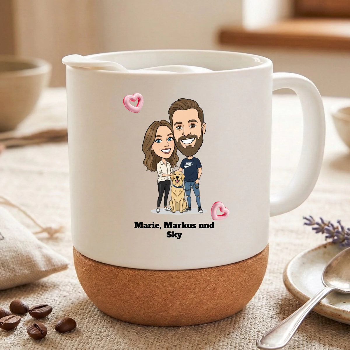 Personalisierte Korktasse mit Foto im Comic Stil Big Head – mit Deckel – Geschenk für Freundin