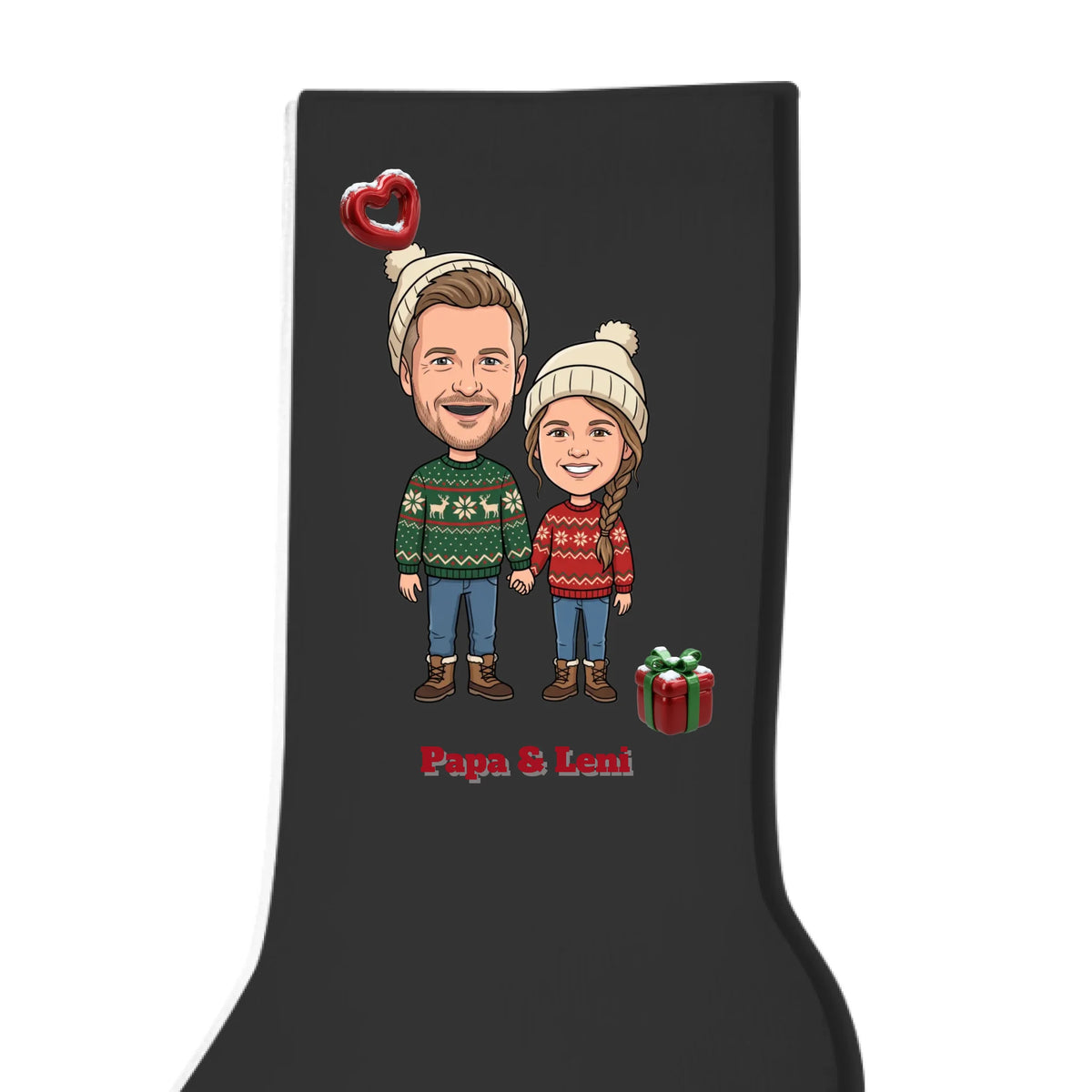 Personalisierte Weihnachtssocken im Comic Stil Big Head – schwarz – Weihnachtsgeschenk für Paare