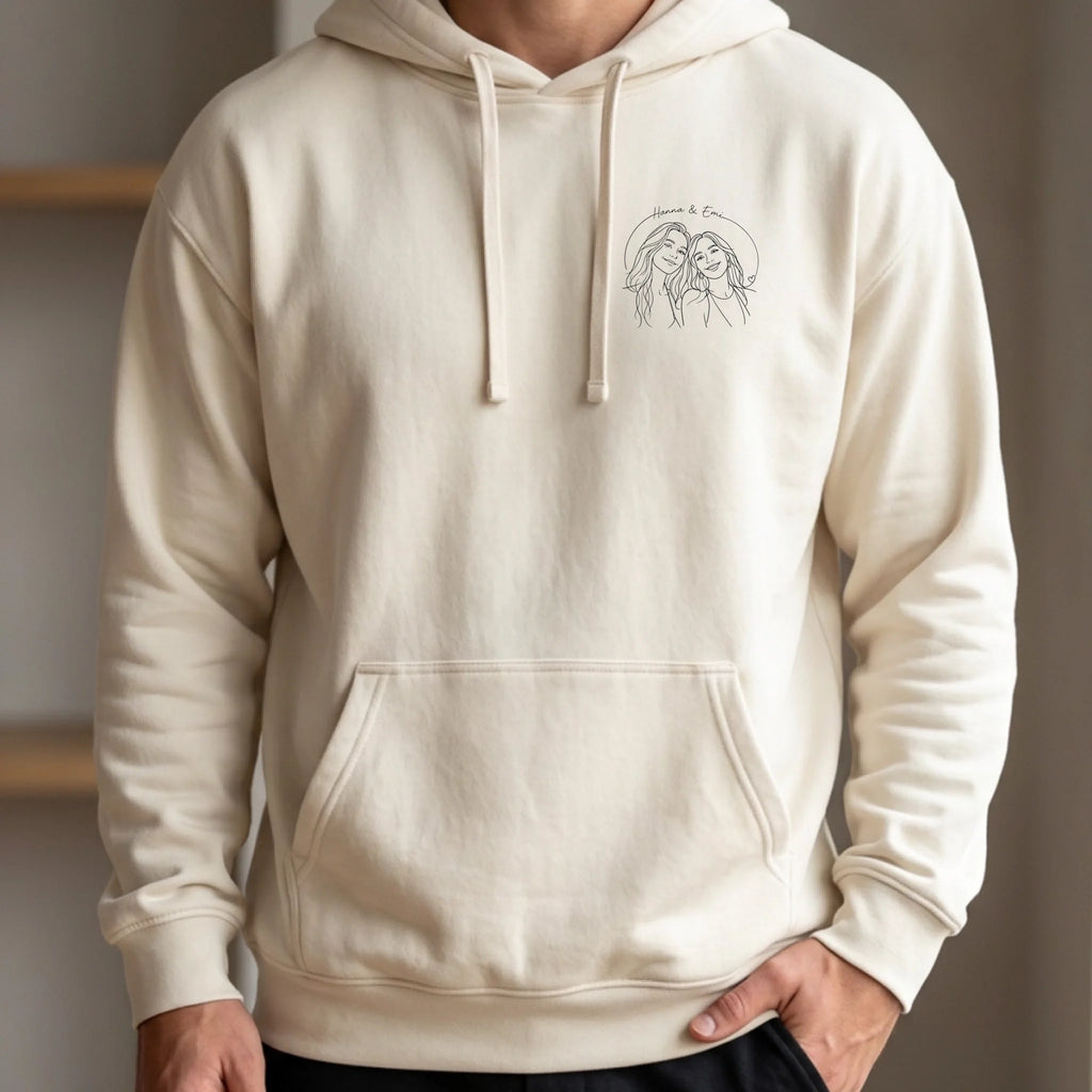 Personalisierter Lineart Pullover mit Foto – Hoodie weiß vorne – Geschenk für Schwester