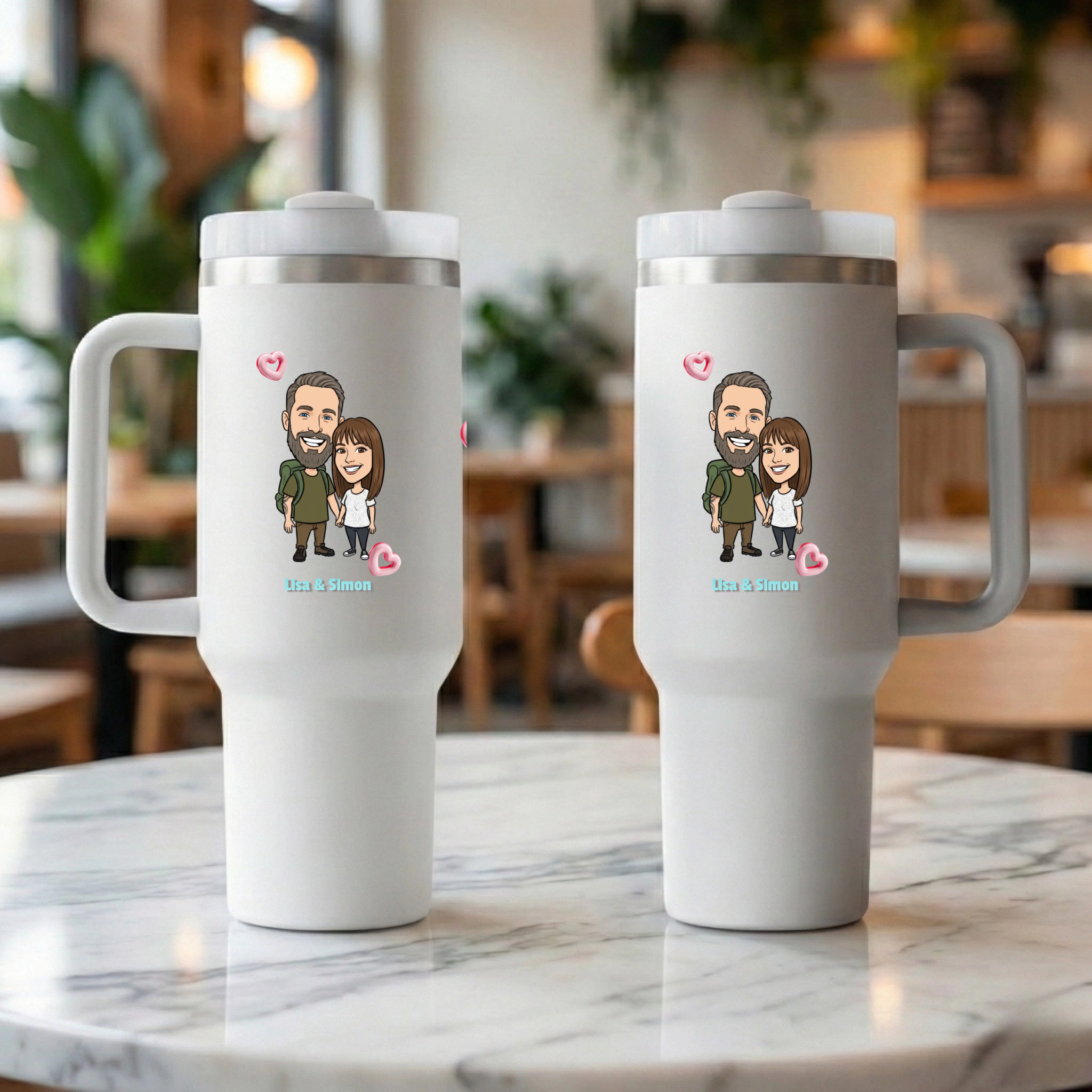 Comic big head design, thermobecher personalisiert mit griff als geschenk