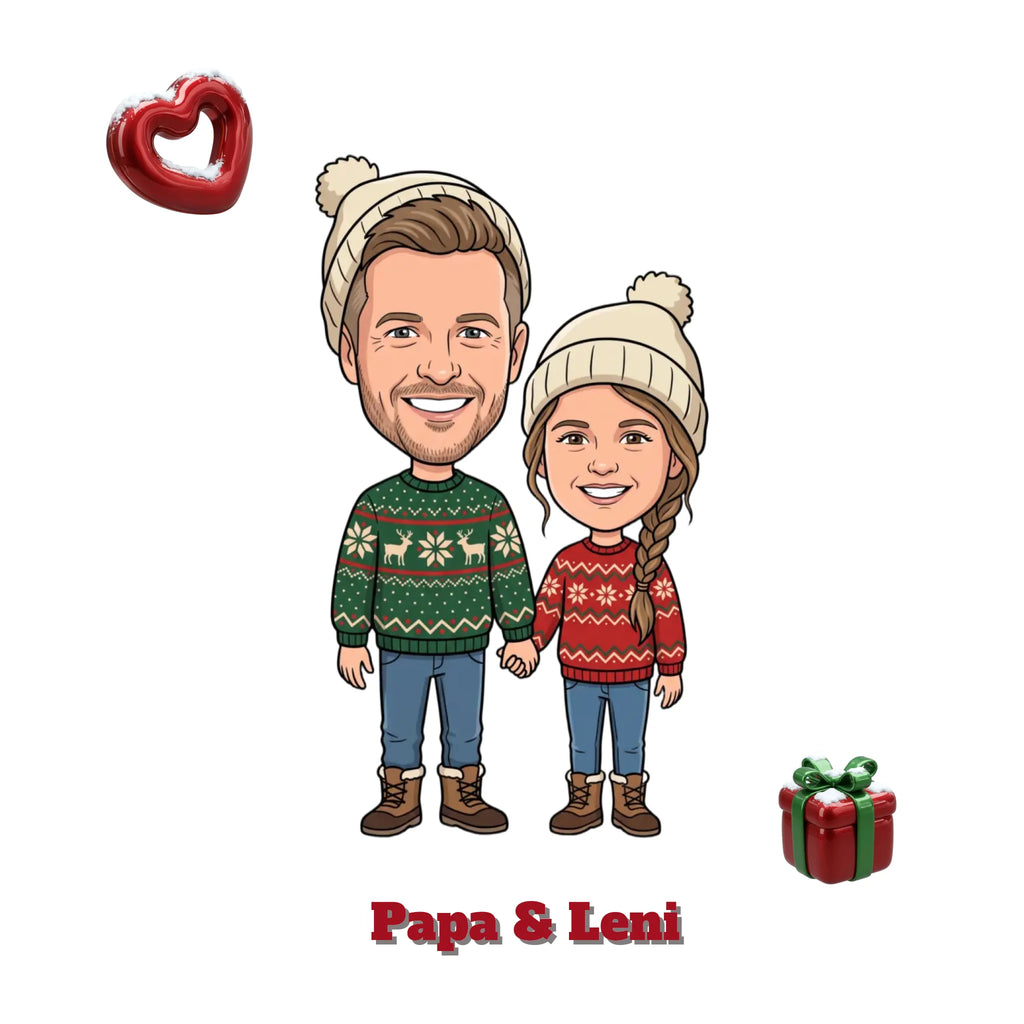 Personalisierter Weihnachtspullover mit Foto im Comic Stil Big Head – Design im Detail – Weihnachtsgeschenk
