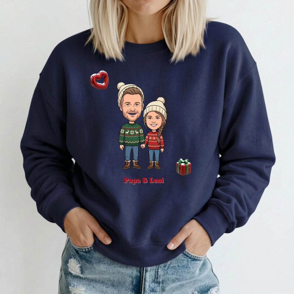 Personalisierter Weihnachtspullover mit Foto im Comic Stil Big Head – Sweater blau – Weihnachtsgeschenk