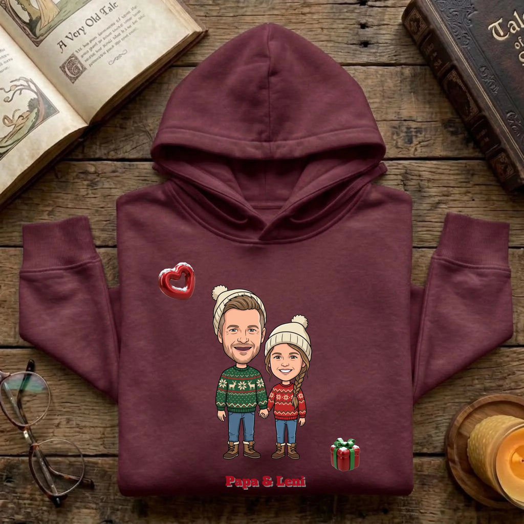 Personalisierter Weihnachtspullover mit Foto im Comic Stil Big Head – Sweater burgund – Weihnachtsgeschenk
