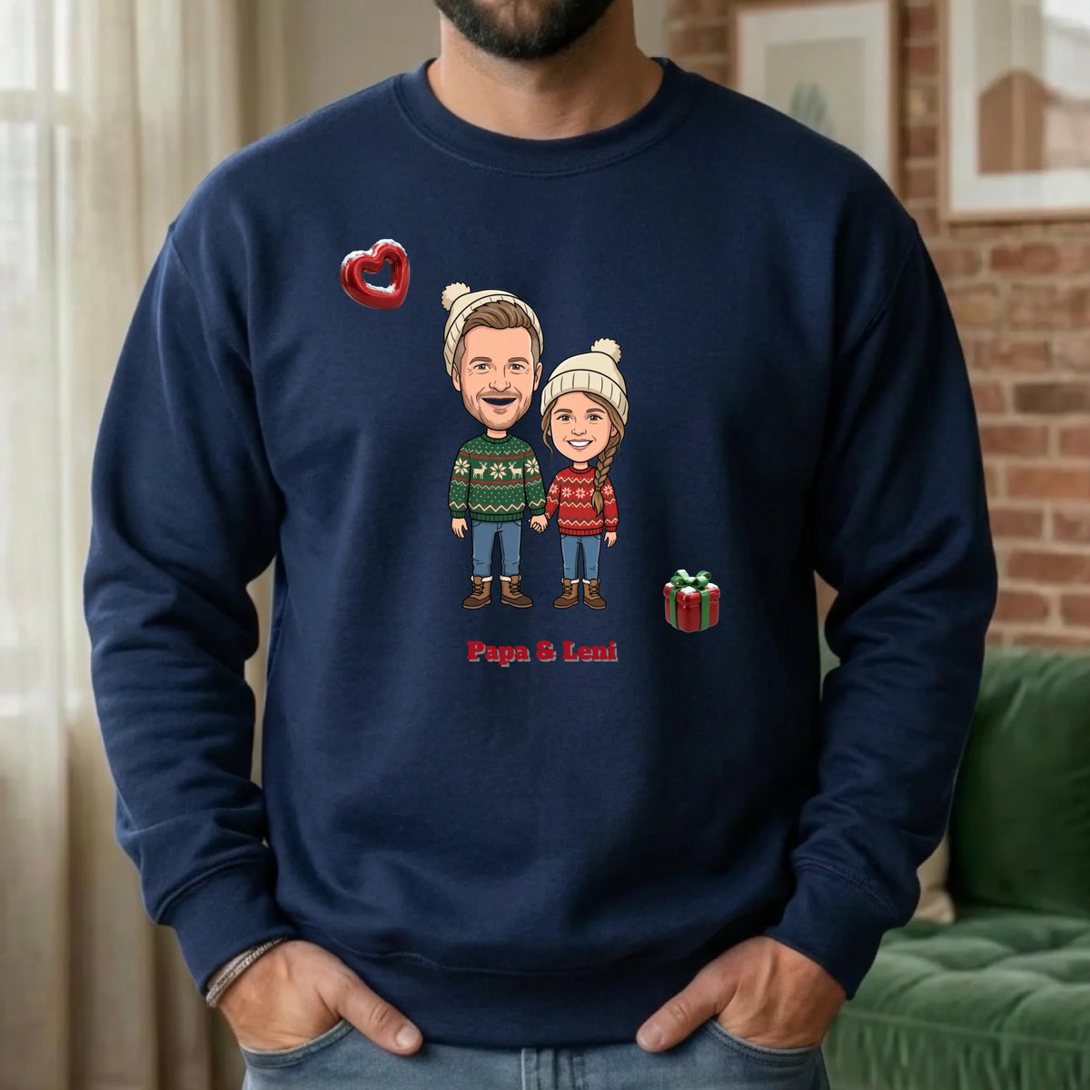 Personalisierter Weihnachtspullover mit Foto im Comic Stil Big Head – Sweater navy – Weihnachtsgeschenk für Familie