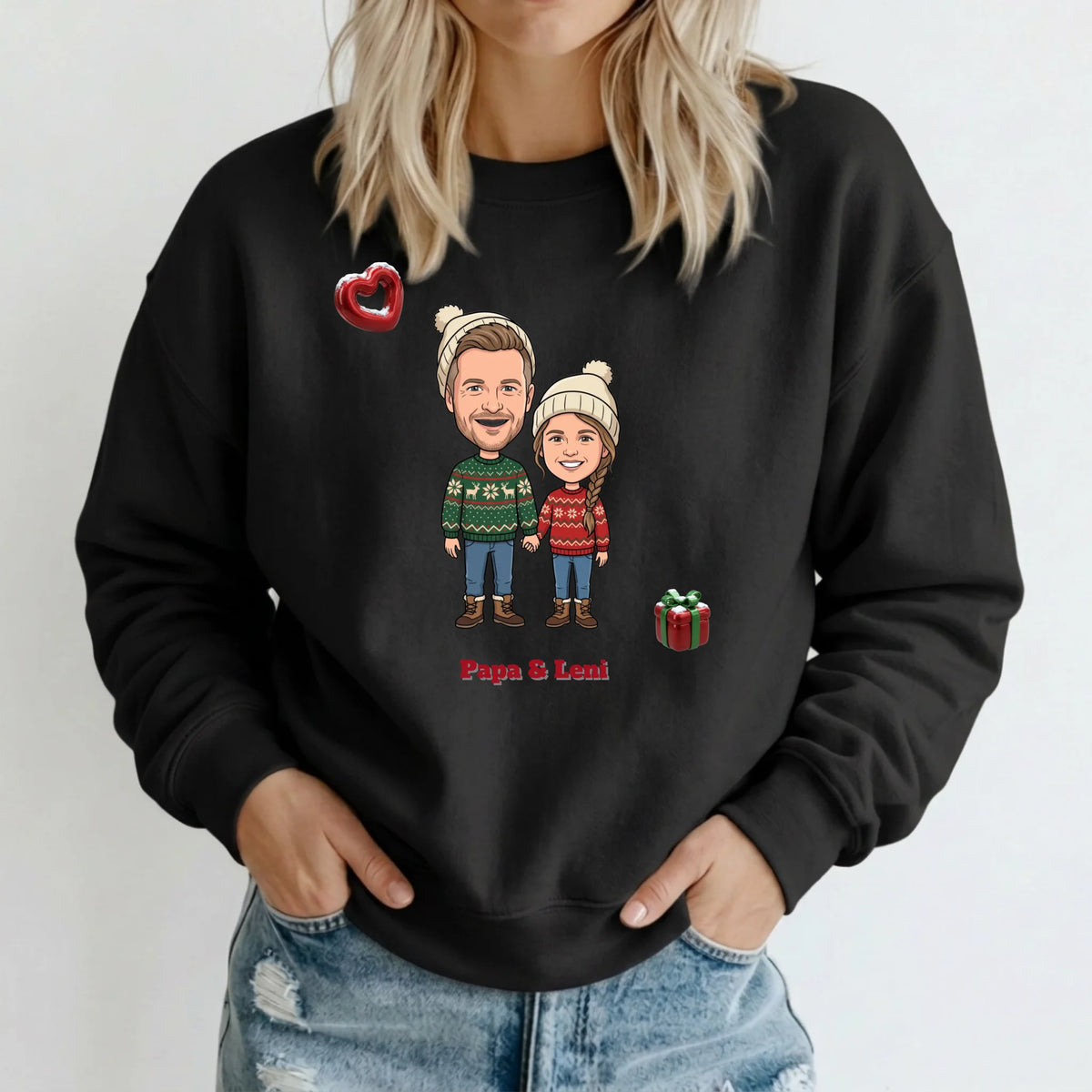 Personalisierter Weihnachtspullover mit Foto im Comic Stil Big Head – Sweater schwarz – Weihnachtsgeschenk für Partner