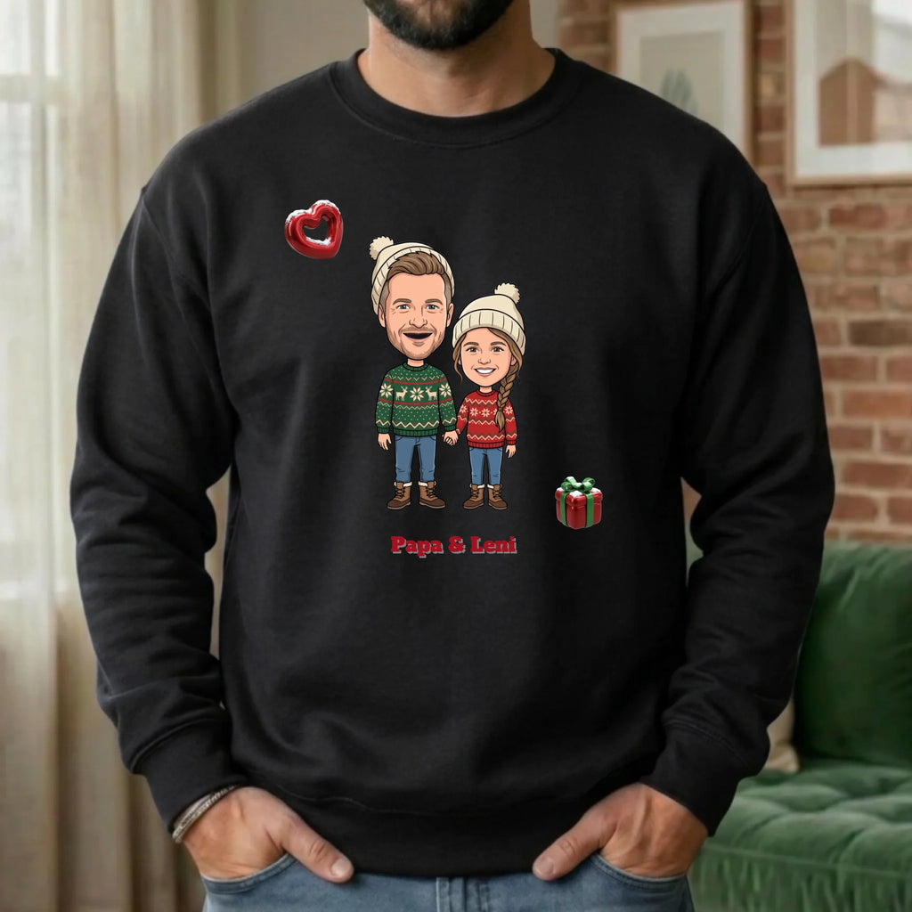 Personalisierter Weihnachtspullover mit Foto im Comic Stil Big Head – Sweater schwarz Detail – Weihnachtsgeschenk