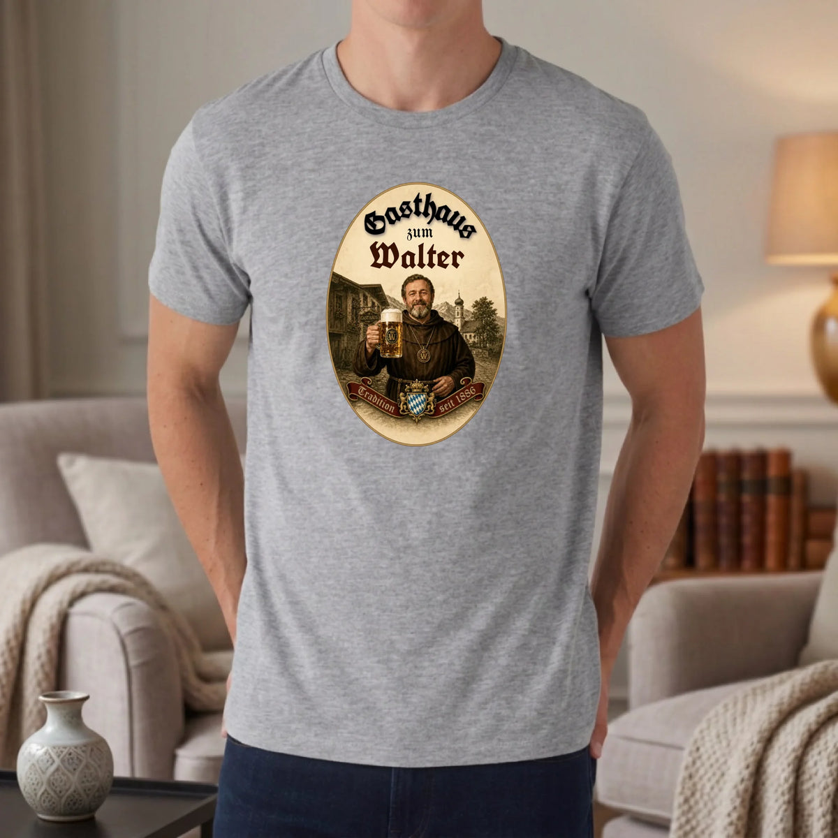 Personalisiertes T-Shirt im Gasthaus Design mit Foto und Namen – heather grey – Geschenk zum Vatertag