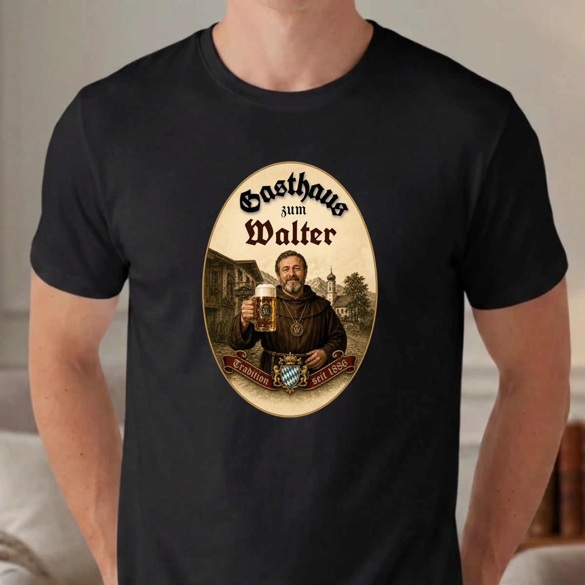 Personalisiertes T-Shirt im Gasthaus Design mit Foto und Namen – schwarz – Geschenk für Papa