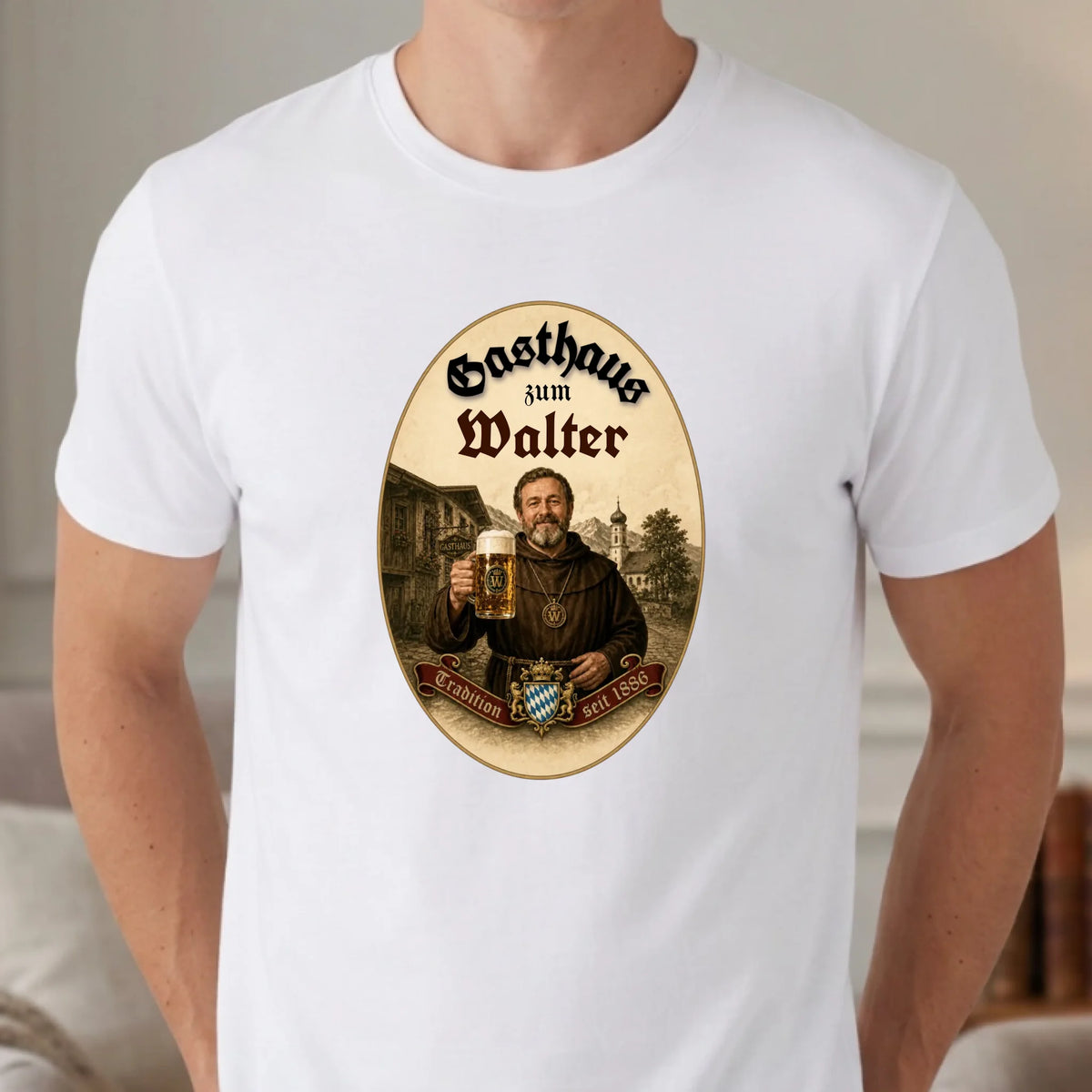 Personalisiertes T-Shirt im Gasthaus Design mit Foto und Namen – weiß – Geschenk für Bierliebhaber