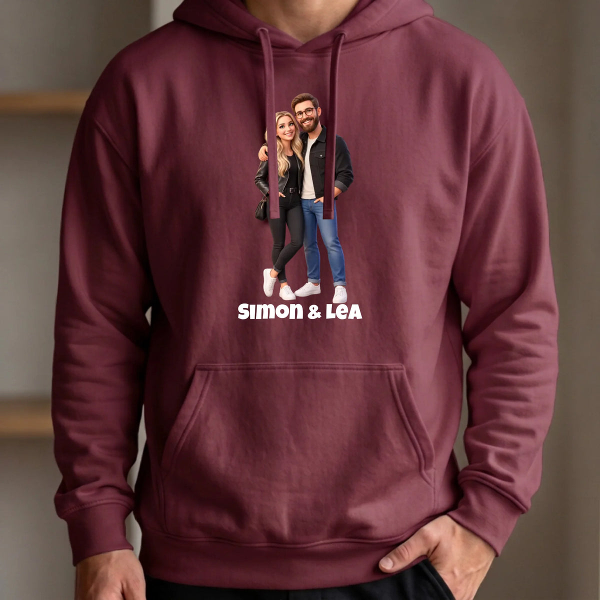Personalisierter Pullover mit Foto im 3D Stil – Hoodie burgund vorn